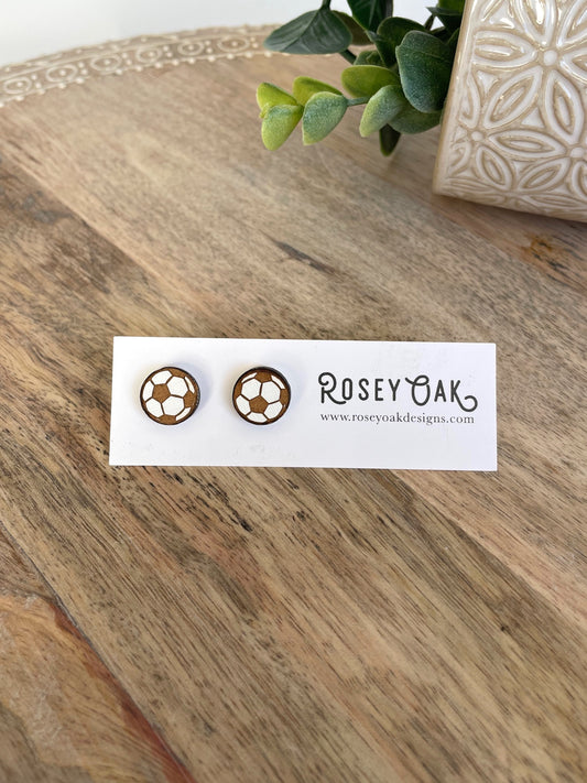 Soccer Engraved Wood Stud Earrings