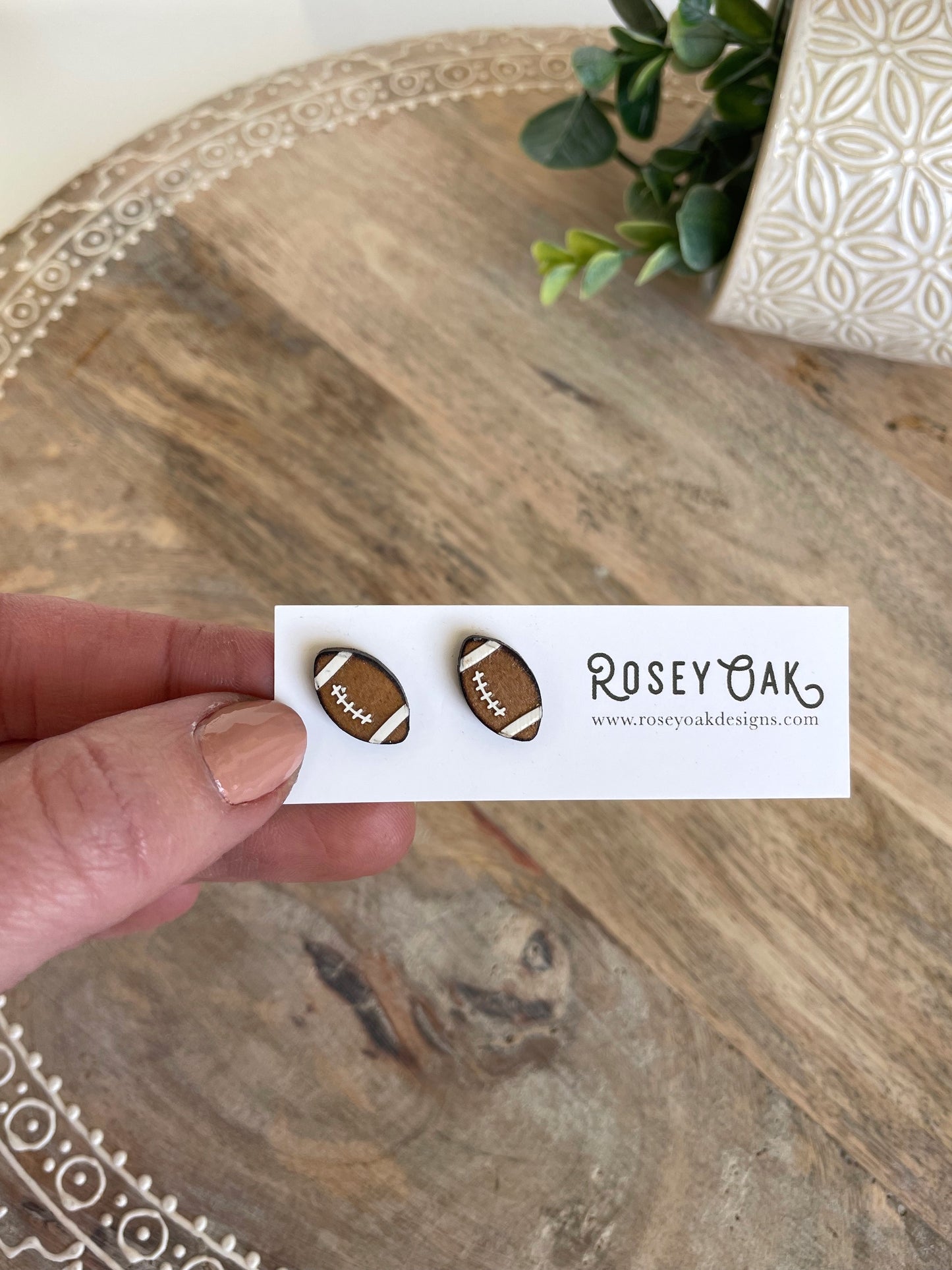 Football Engraved Wood Stud Earrings