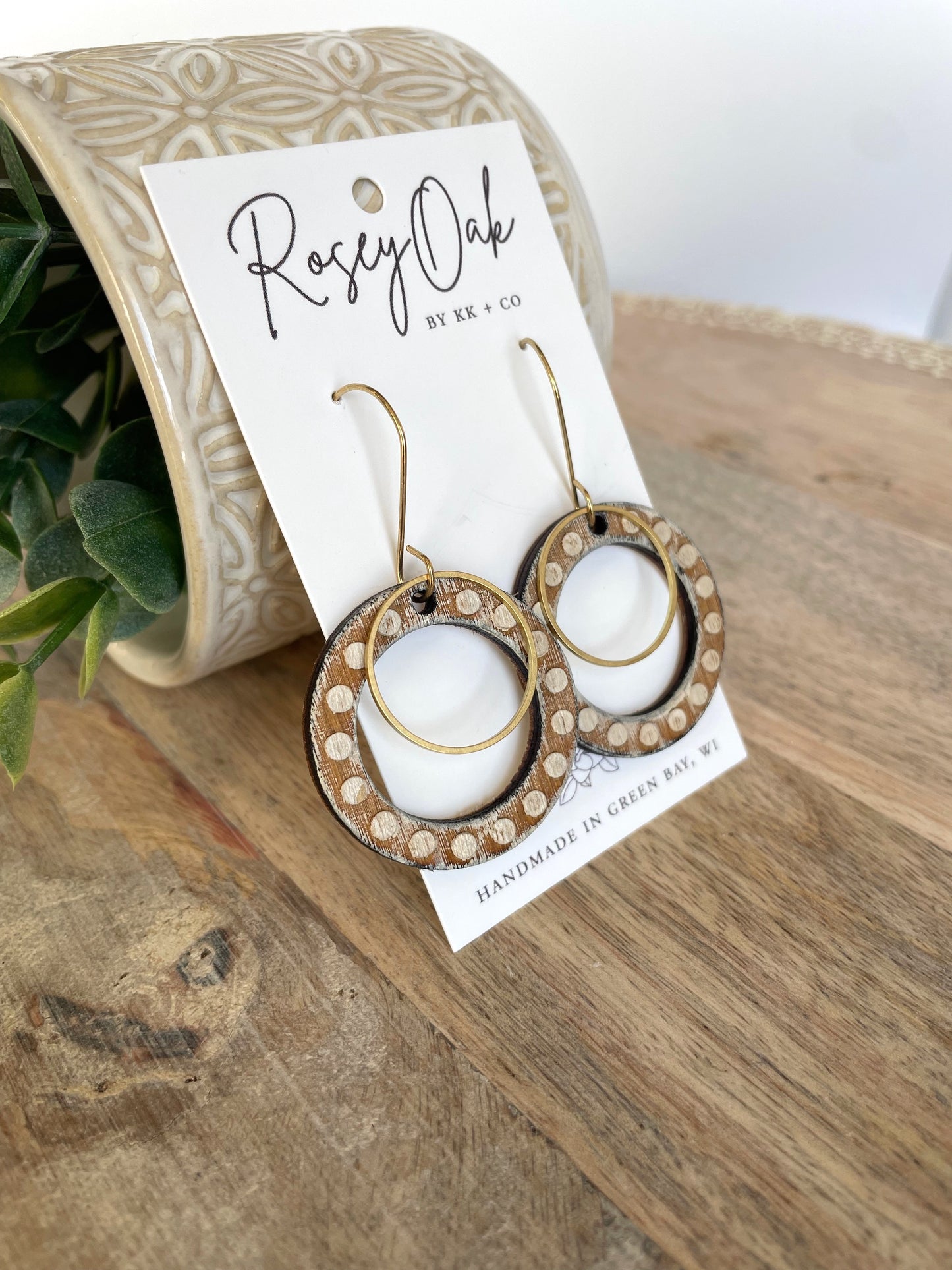 Circle Wood Engraved Dangle Earrings